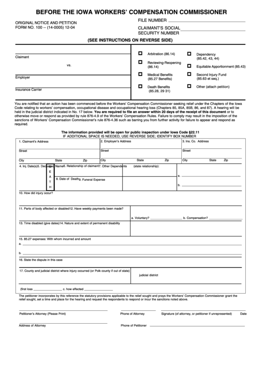 Fillable Form 100 - Original Notice And Petition Before The Iowa Workers