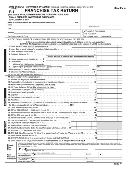 Form F-1 - Franchise Tax Return Banks, Other Financial Corporations, And Small Business Investment Companies - 2009