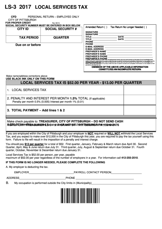 Form Ls-3 - Local Services Tax Personal Return - 2017 Printable pdf