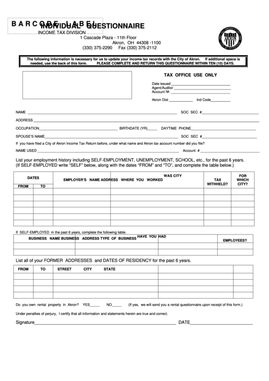 Fillable Individual Questionnaire Form - Ohio Income Tax Division Printable pdf