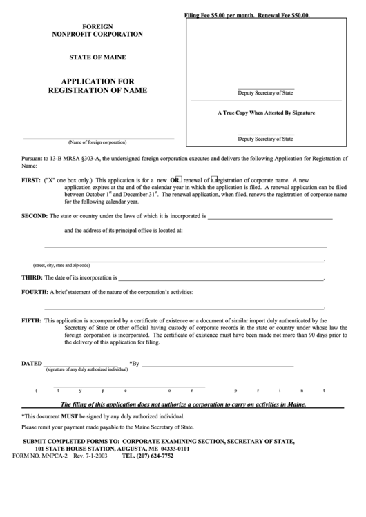 Fillable Form Mnpca-2 - Application For Registration Of Name/filer Contact Cover Letter Printable pdf