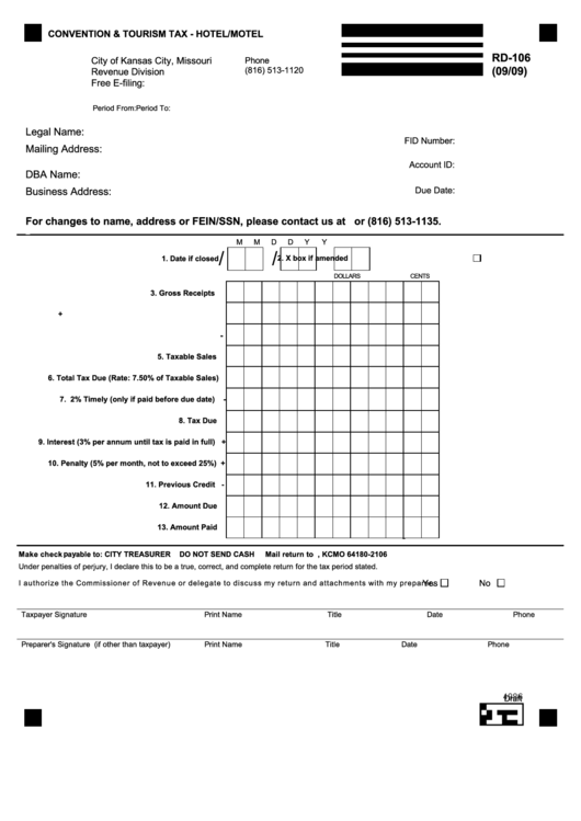 Fillable Form Rd-106 - Convention & Tourism Tax - Hotel/motel - City Of Kansas Revenue Division, Missouri Printable pdf