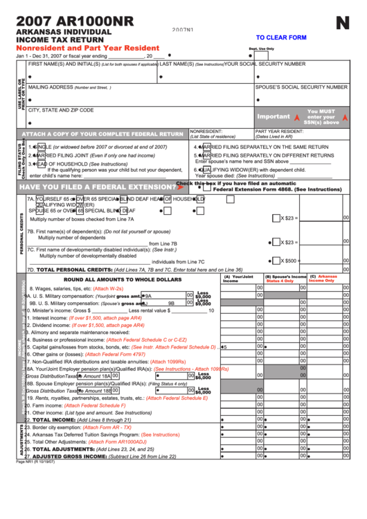 Fillable Form Ar1000nr - Arkansas Individual Income Tax Return - 2007 Printable pdf