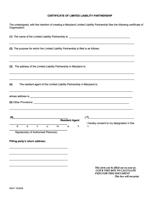 Fillable Form Sdat - Certificate Of Limited Liability Partnership - 2010 Printable pdf