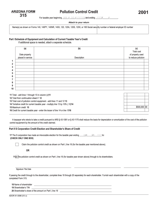 Arizona Form 315 - Pollution Control Credit - 2001 Printable pdf