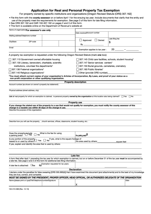 Fillable Form 150-310-088 - Application For Real And Personal Property Tax Exemption - 2013 Printable pdf