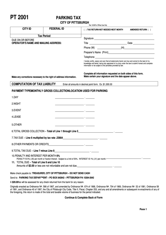 Form Pt 2001 - Parking Tax - City Of Pittsburgh Printable pdf