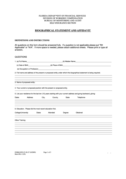 Form Dfs-F2-Si-27 - Biographical Statement And Affidavit - 2009 Printable pdf