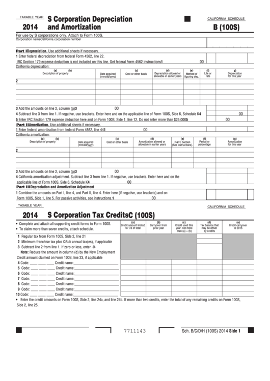 Fillable California Schedule B (100s) - S Corporation Depreciation And Amortization - 2014 Printable pdf