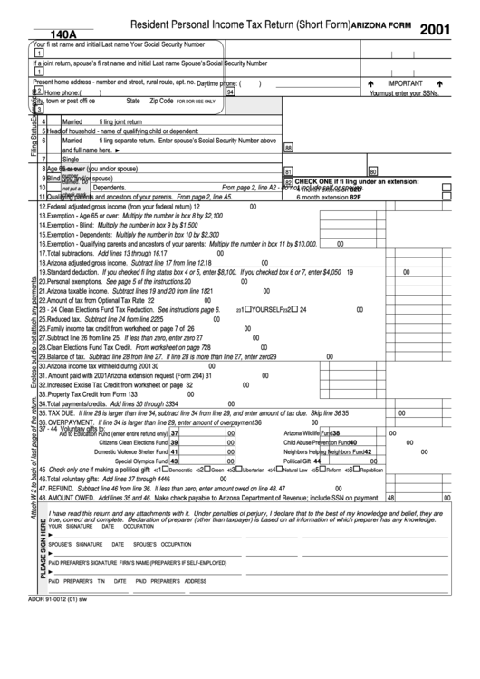 Arizona Form 140a - Resident Personal Income Tax Return (Short Form ...