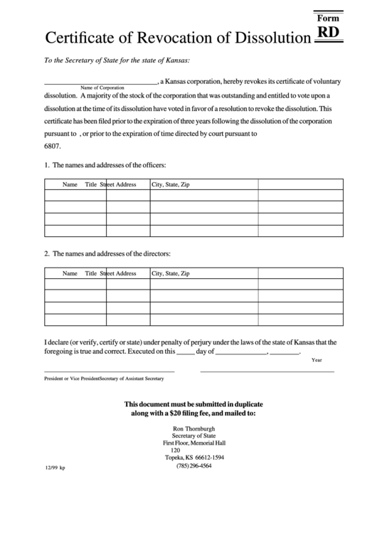 Form Rd - Certificate Of Revocation Of Dissolution Printable pdf