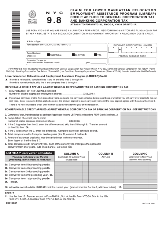 Form Nyc - 9.8 - Claim For Lower Manhattan Relocation Employment Assistance Program (Lmreap) Credit Applied To General Corporation Tax And Banking Corporation Tax - 2006 Printable pdf