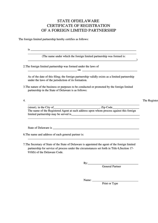 Fillable Certificate Of Registration Of A Foreign Limited Partnership Form - State Of Delaware Printable pdf