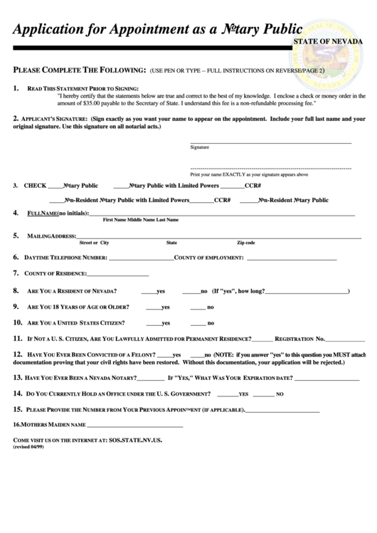Application For Appointment As A Notary Public Form Printable pdf