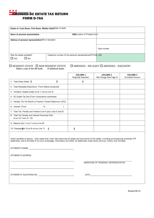 Form D-76a - Amended Dc Estate Tax Return Printable pdf