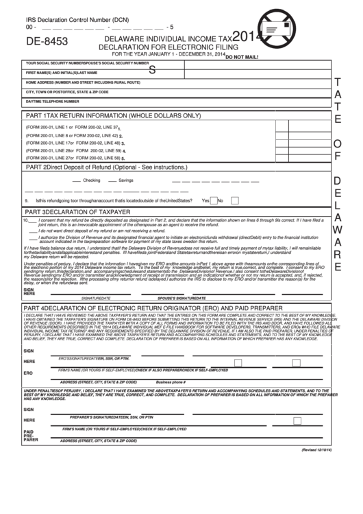 Fillable Form De-8453 - Delaware Individual Income Tax - Declaration For Electronic Filing - 2014 Printable pdf