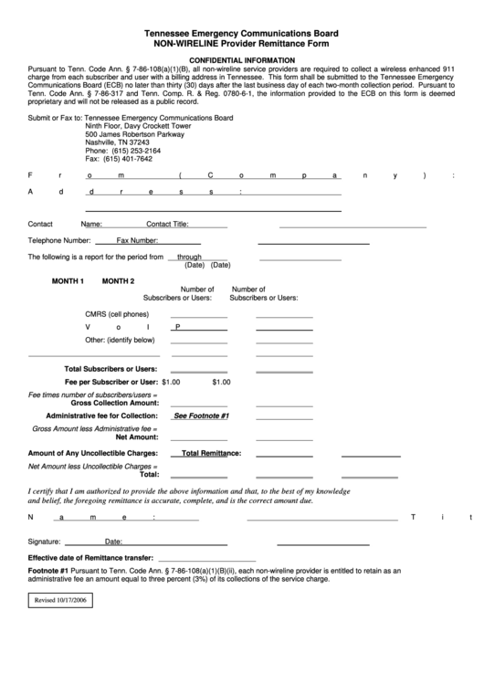 Non-Wireline Provider Remittance Form - 2006 Printable pdf