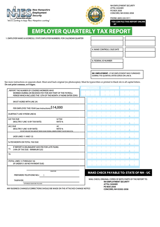 Fillable Employer Quarterly Tax Report - Nhes Printable pdf