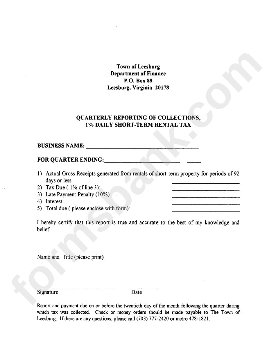 Quarterly Reporting Of Collections, 1% Daily Short-Term Rental Tax Form