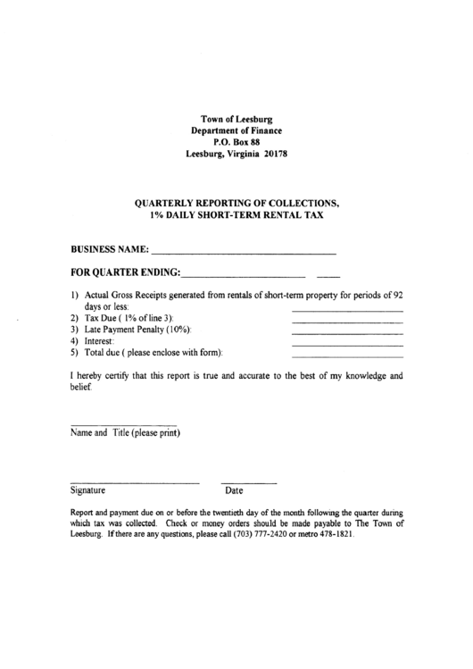 Quarterly Reporting Of Collections, 1% Daily Short-Term Rental Tax Form Printable pdf