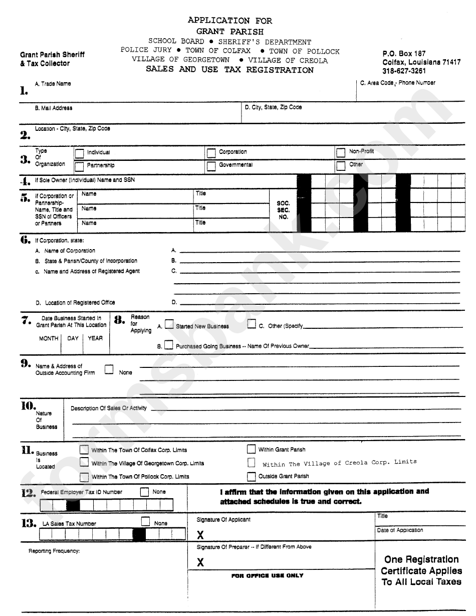 Sales And Use Tax Registration Form - Grant Parish Sheriff & Tax Collector - Colfax, Louisiana