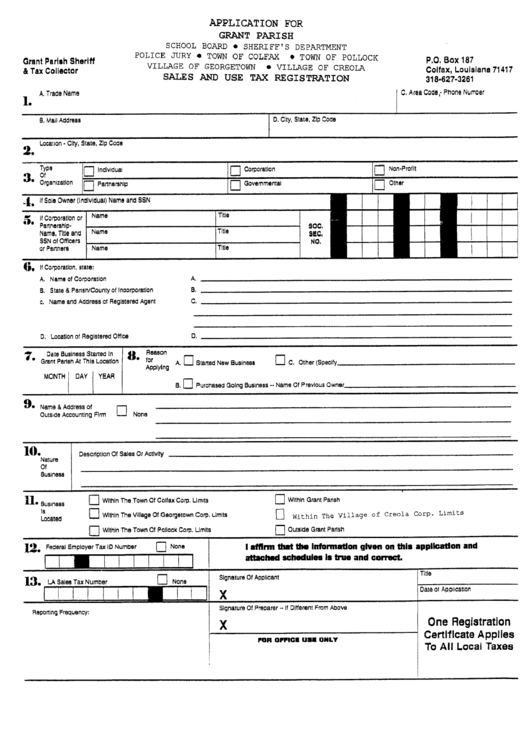 Sales And Use Tax Registration Form - Grant Parish Sheriff & Tax Collector - Colfax, Louisiana Printable pdf
