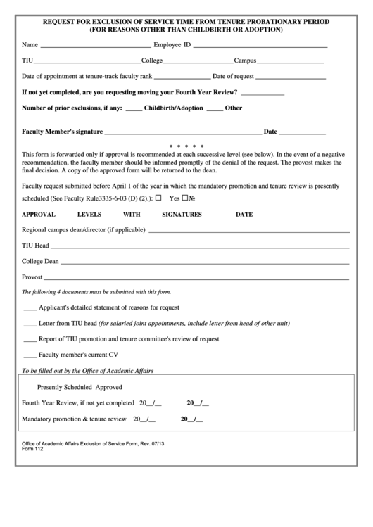 Fillable Form 112 - Request For Exclusion Of Time From Probationary Period Printable pdf