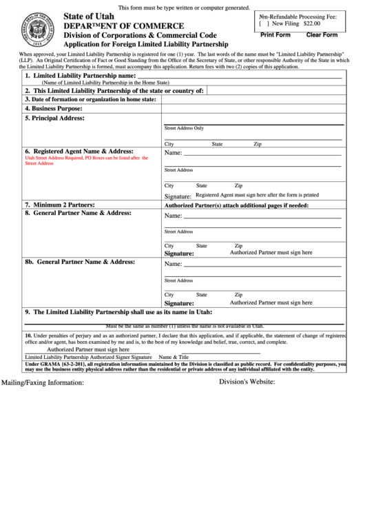 Fillable Application For Foreign Limited Liability Partnership Form Printable pdf