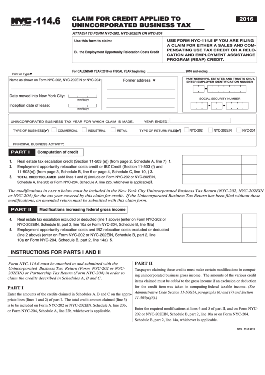 Form Nyc-114.6 - Claim For Credit Applied To Unincorporated Business Tax - 2016 Printable pdf