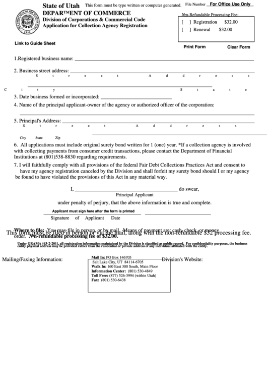 Fillable Application For Collection Agency Registration Printable pdf