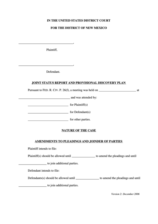 In The United States District Court For The District Of New Mexico Form Printable pdf