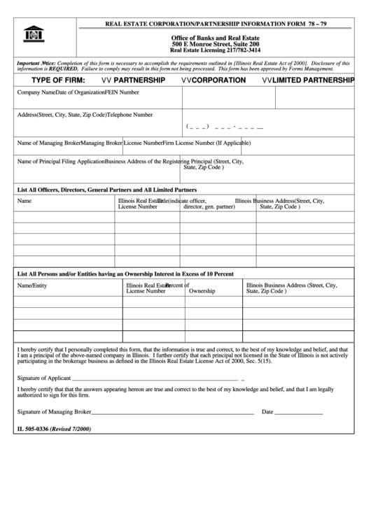 Form 78-79 - Real Estate Corporation/partnership Information Printable pdf