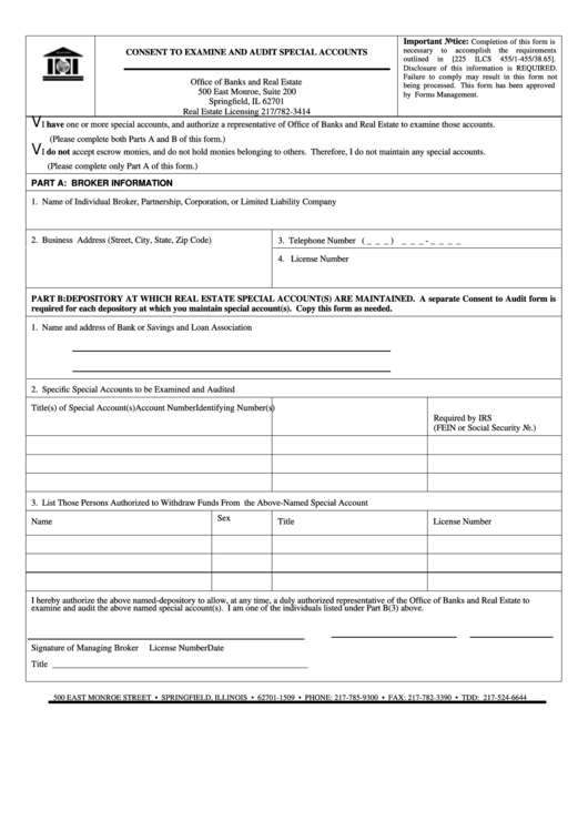 Consent To Examine And Audit Special Accounts Form Printable pdf