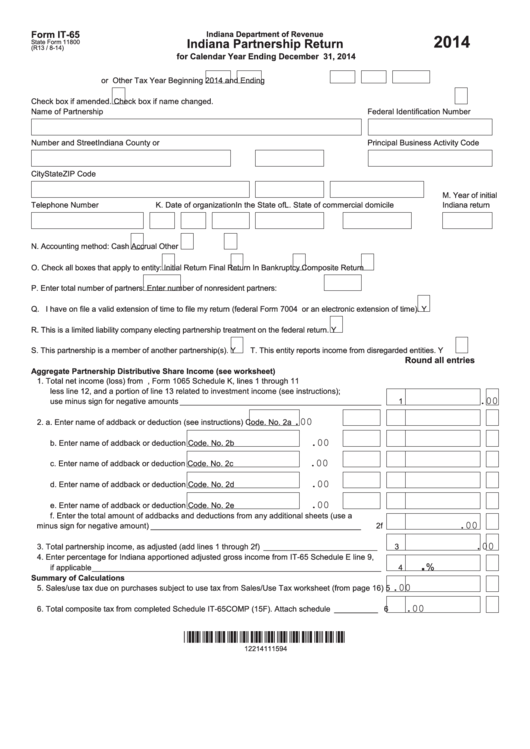 Fillable Form It-65 - Indiana Partnership Return - 2014 Printable pdf