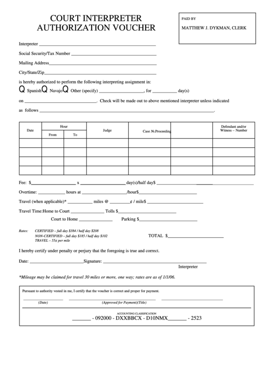Court Interpreter Authorization Voucher Form Printable pdf