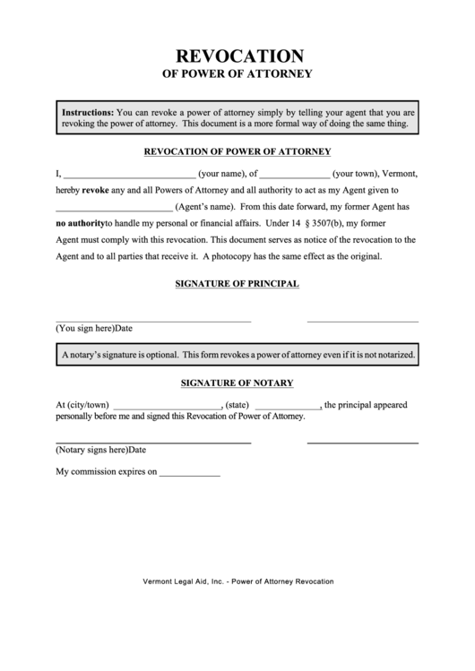 Fillable Revocation Of Power Of Attorney Form Printable pdf