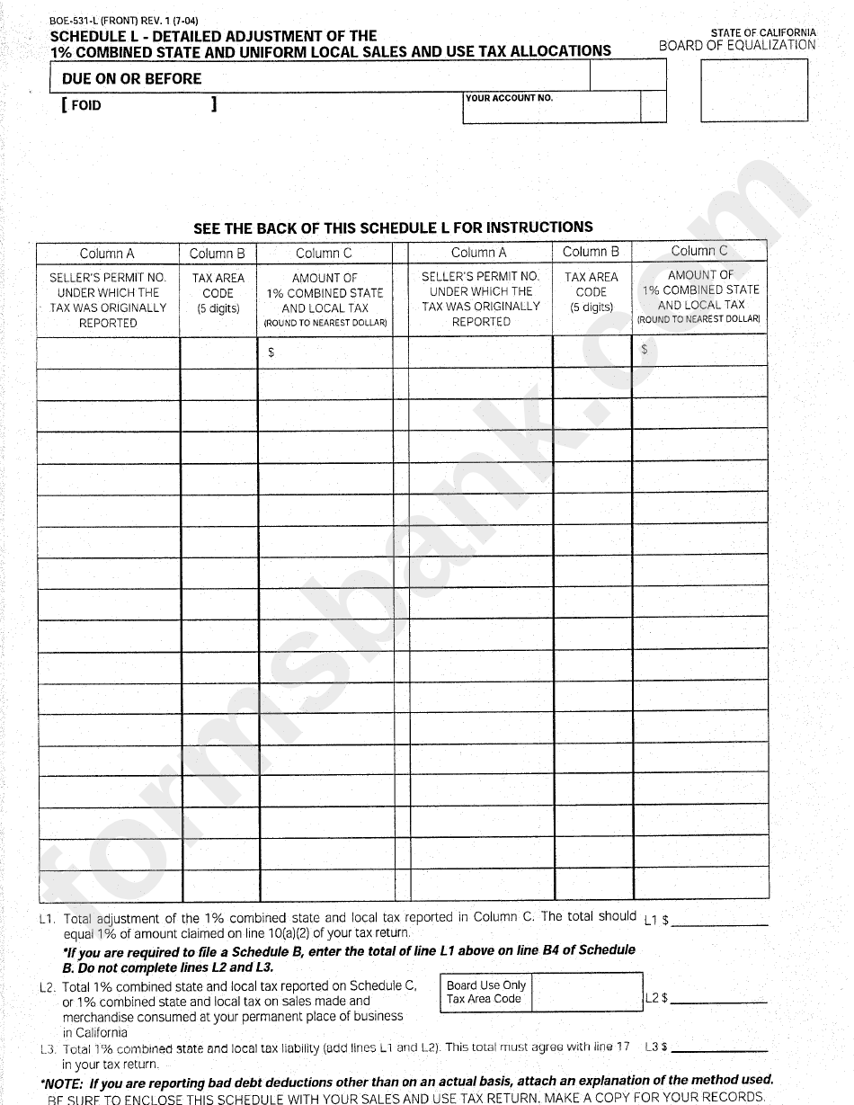 Form Boe-531-L - Schedule L - Detailed Adjustment Of The 1% Combined State And Uniform Local Sales And Use Tax Allocations