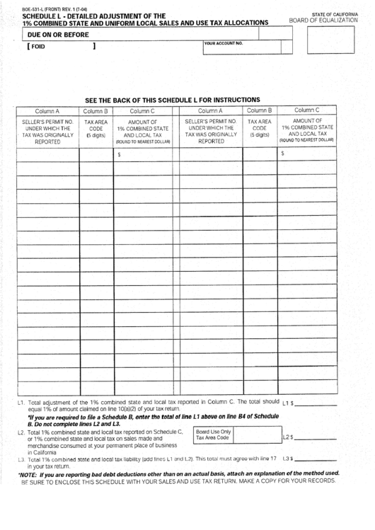 Form Boe-531-L - Schedule L - Detailed Adjustment Of The 1% Combined State And Uniform Local Sales And Use Tax Allocations Printable pdf