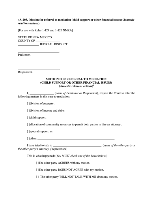 Fillable Form 4a-205 - Motion For Referral To Mediation (Child Support Or Other Financial Issues) (Domestic Relations Actions) Printable pdf