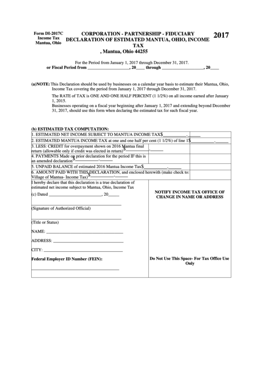 Form Di-2017c - Corporation - Partnership - Fiduciary Declaration Of Estimated Mantua, Ohio, Income Tax - 2017 Printable pdf