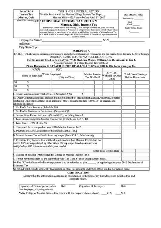 Form Ir-16 - Individual Income Tax Return - 2016 Printable pdf