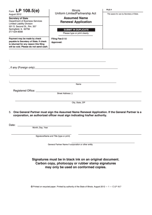 Form Lp 108.5(e) - Assumed Name Renewal Application