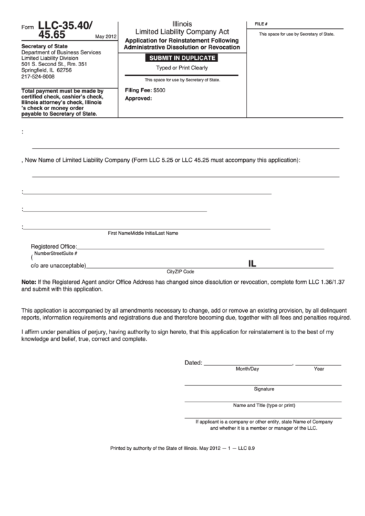 Fillable Form Llc-35.40/ 45.65 - Application For Reinstatement Following Administrative Dissolution Or Revocation Printable pdf