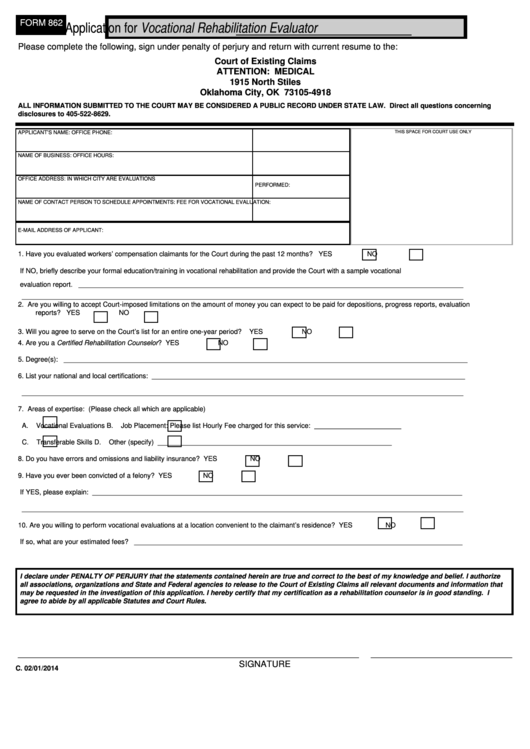 Fillable Form 862 - Application For Vocational Rehabilitation Evaluator Printable pdf