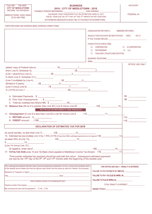 Form Br - Business - City Of Middletown - 2016 Printable pdf