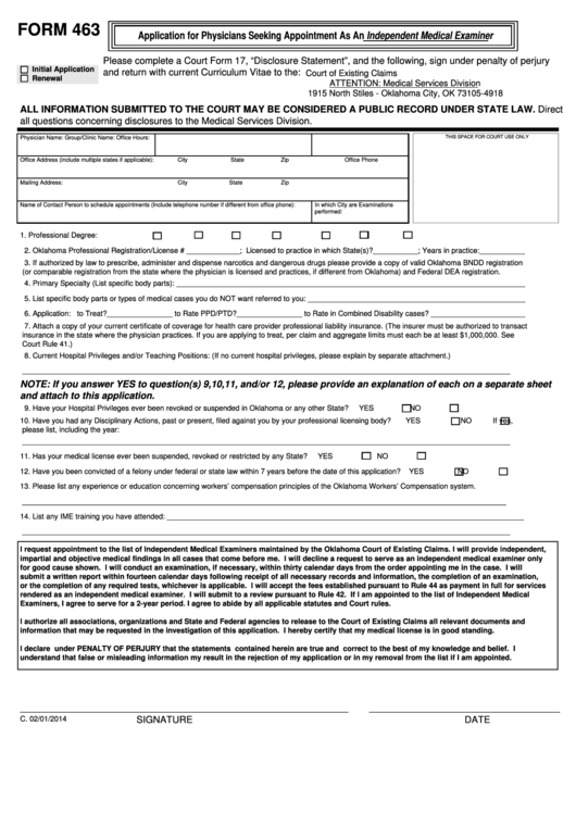Fillable Form 463 - Application For Physicians Seeking Appointment As An Independent Medical Examiner Printable pdf