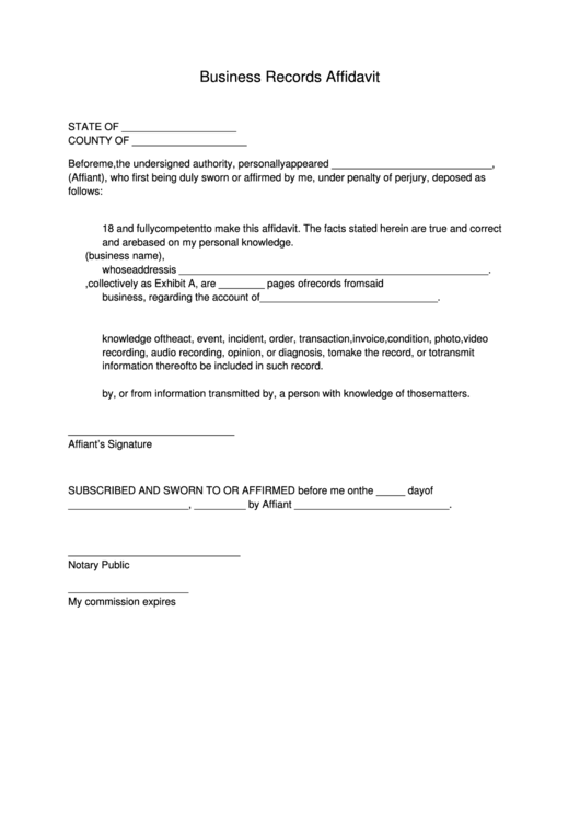 Business Records Affidavit Form Printable pdf