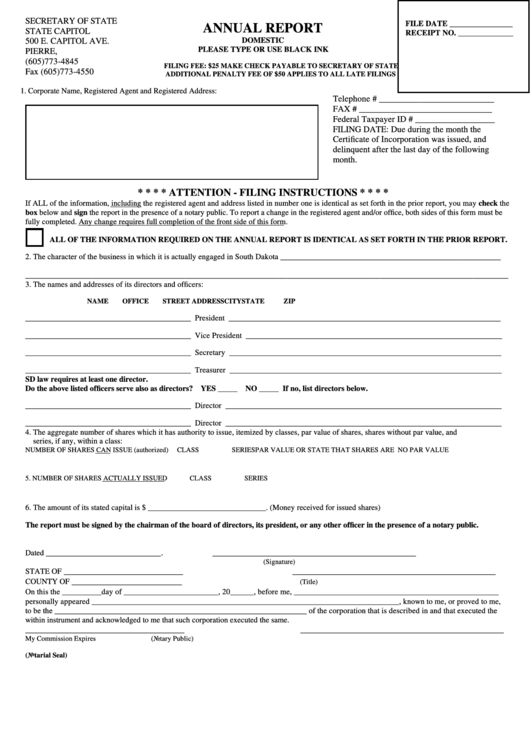 Annual Report Domestic Form/statement Of Change Of Registered Office, Or Registered Agent, Or Both - South Dakota Secretary Of State Printable pdf