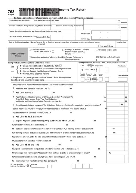 Fillable Form 763 - Virginia Nonresident Income Tax Return - 2016 Printable pdf
