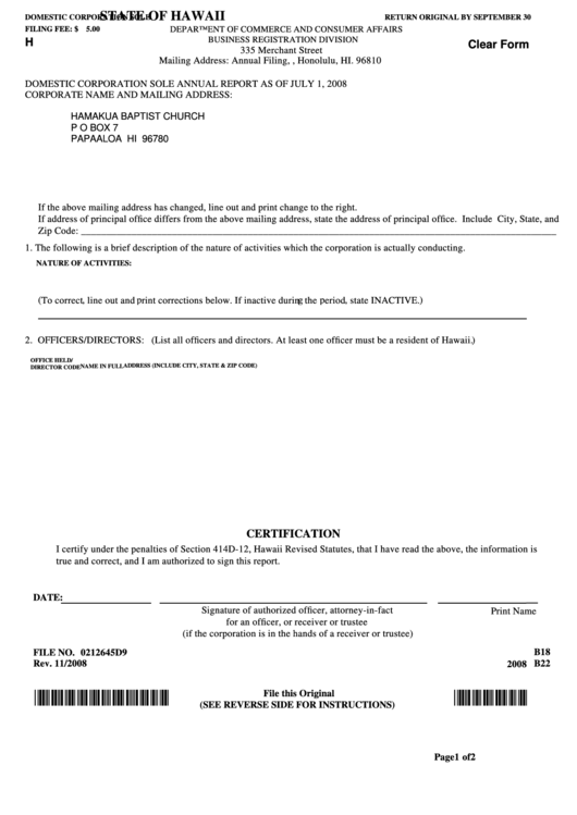 Fillable Domestic Corporation Sole Annual Report Form - 2008 Printable pdf